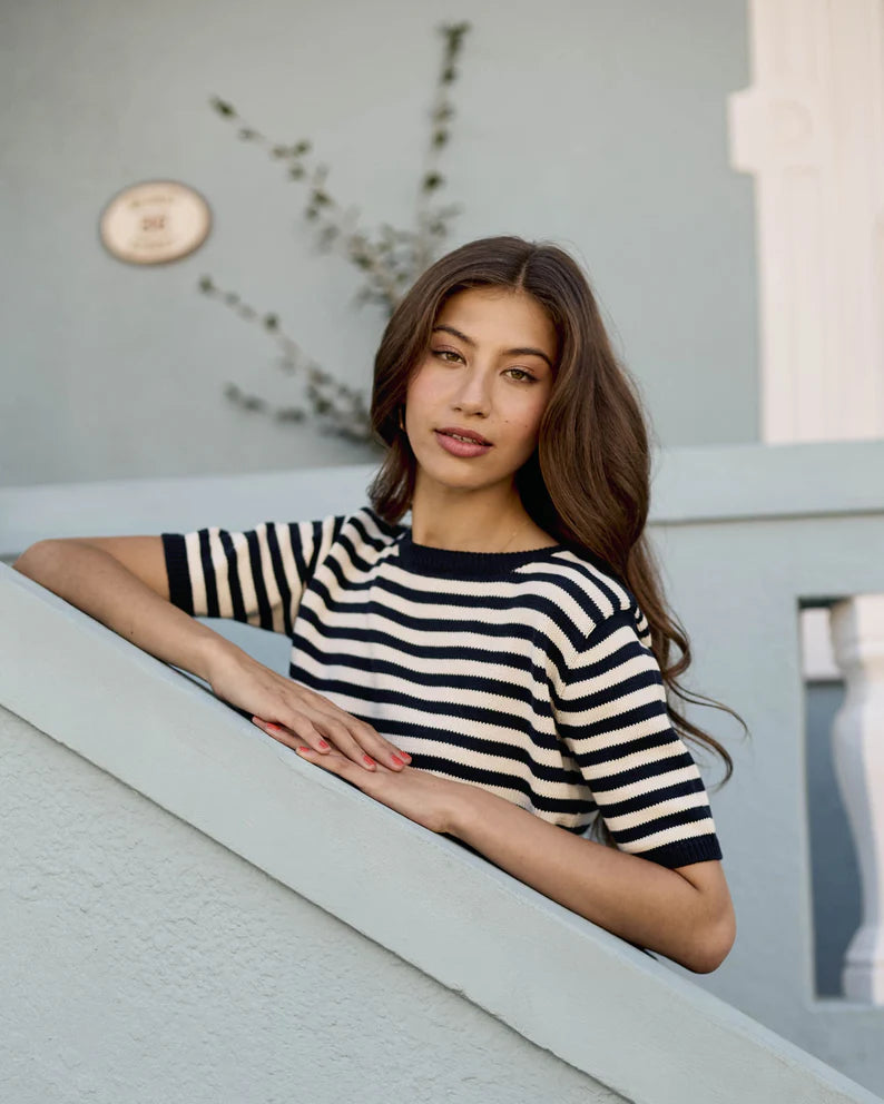 Stripy Knitted Tee- Navy and White