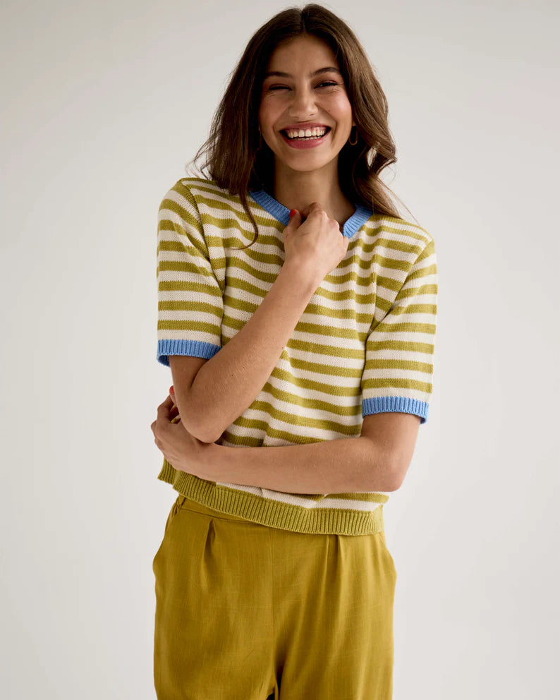 Stripy Knitted Tee- Chartreuse and White